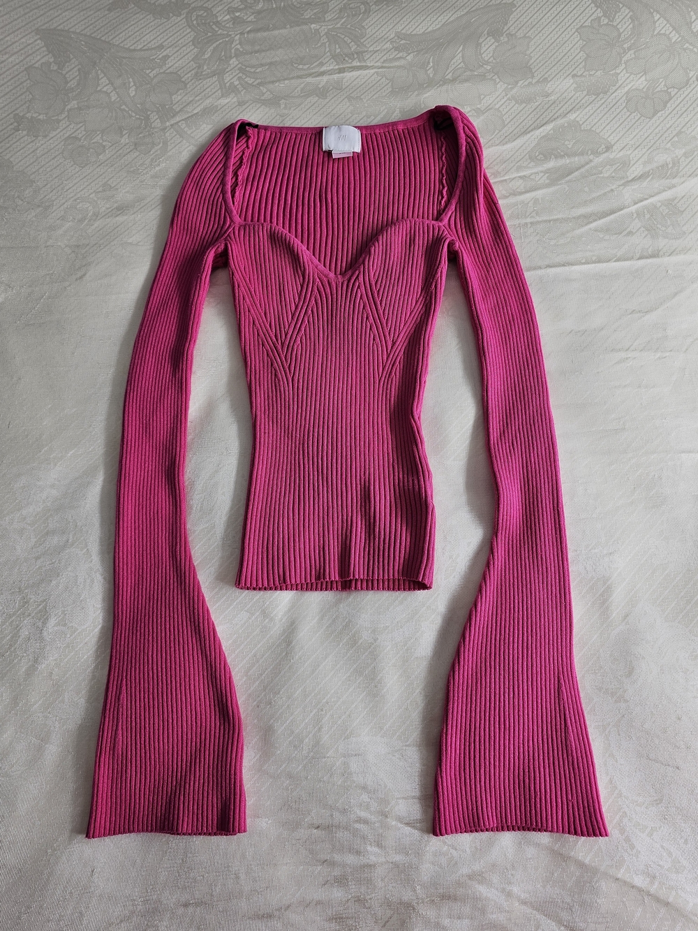 H&M Hot Pink Ribbed Fine-Knit Sweetheart Flare Sleeve Sweater Top XS